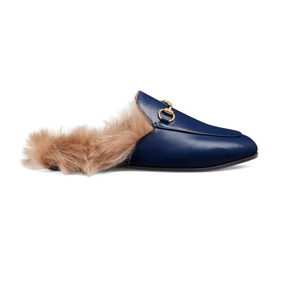 Women's Gucci Blue Princetown Leather Loafers With Fur size 38 1/2 - Picture 1 of 5